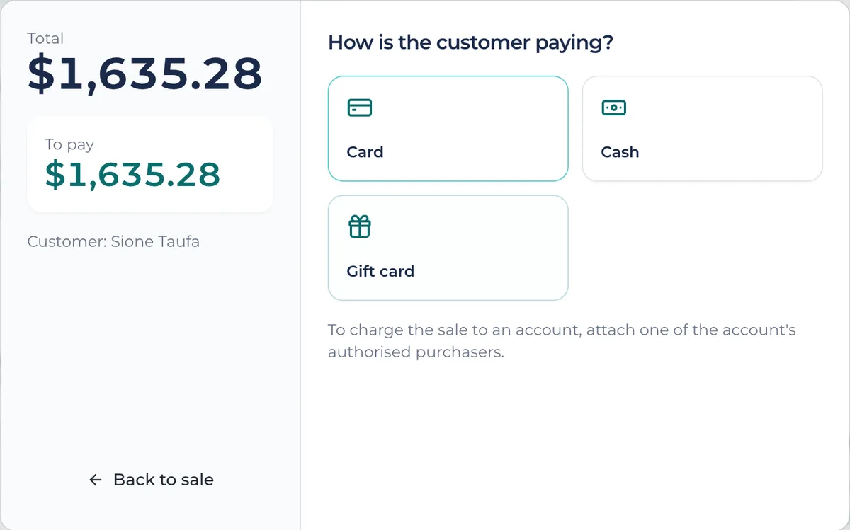 Checkout: how is the customer paying? Card, cash or gift card.